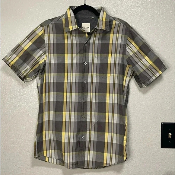 Holton Men’s Cotton Blend Yellow/Grey Plaid Button Down Camp Short Sleeve SMALL - Picture 1 of 6